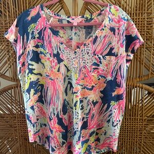 Lilly Pulitzer Pink and Blue Abstract Short Sleeve Top